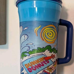Vintage Dunkin Donuts Travel Mug Lid w/ Straw Blue Splash 32 oz. Whirley Cup