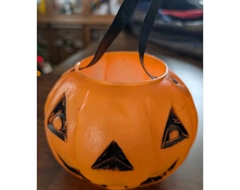 Halloween Vintage Small Blow Mold Pumpkin Jack-o'-lantern Handle Bucket Candy