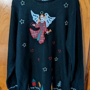 Vintage Women&#39;s Quacker Factory LS Black Christmas Sweater Angel Medium Holiday