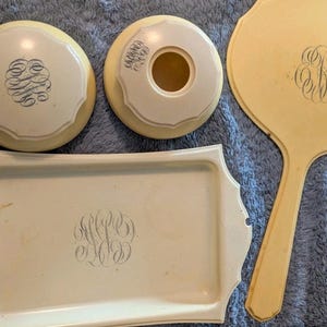 Vintage Celluloid 4-Pc.Dresser Vanity Set Ivory Byralin Dubarry Art Deco Mirror