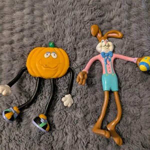 Vintage Holiday Bendable Rubber Figures 1980s Easter Bunny & Halloween Pumpkin