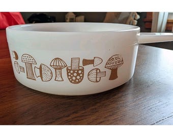 Naczynia do pieczenia Glasbake Vintage z lat 60., szklana miska na zupę z brązowym wzorem grzybów, 14 uncji