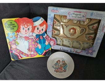 Juego de té vintage Raggedy Ann Andy NIP Schylling - Lote de libro y tazón de tapa blanda de los años 70-90