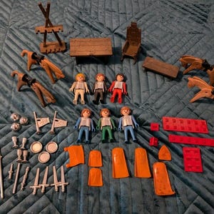 Vintage 1970s Playmobil Knight Medieval Set Horses Weapons Figures 48 Piece Lot