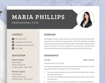 Modern Resume Template with Photo | Cover Letter, References (Instant Download)