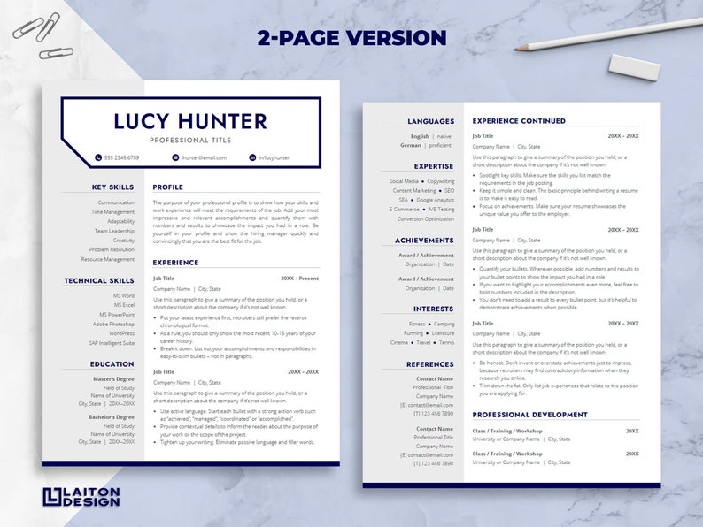 Modern Resume Template for Word | 1 & 2 Page Resume, Cover Letter and ...