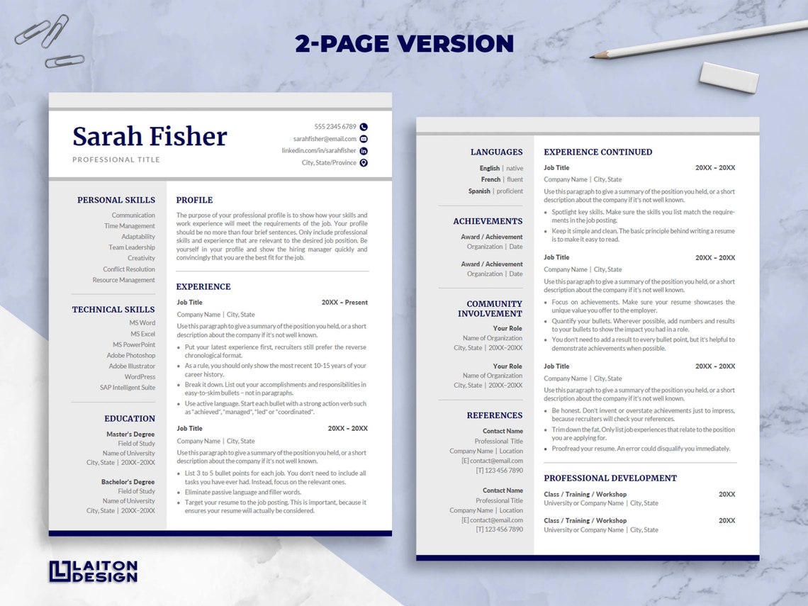 Modern Resume Template for Word 1 & 2 Page Resume, Cover Letter and ...