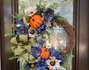 Fall wreath, Wreaths for front doors, blue Fall wreath with orange pumpkins, Fall home decor, Fall grapevine wreath, Fall, Harvest wreath