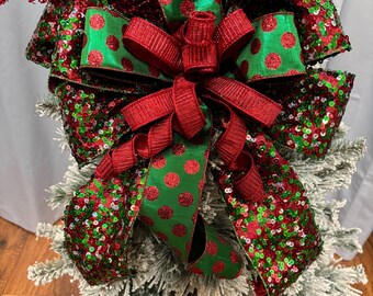 Handcrafted Christmas Tree Topper: Red, Green Polka Dot Ribbon Bow