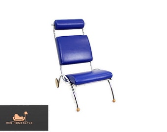 Designer Armchair Blue Chair Chrome Wheels Sitting Decorative Leather Style Modern Blue