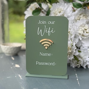 May include: A green rectangular sign with rounded corners, featuring the words "Join our Wifi" in a script font. Below, it has fields for "Name:" and "Password:" with a gold wifi symbol. The sign is on a gray surface.