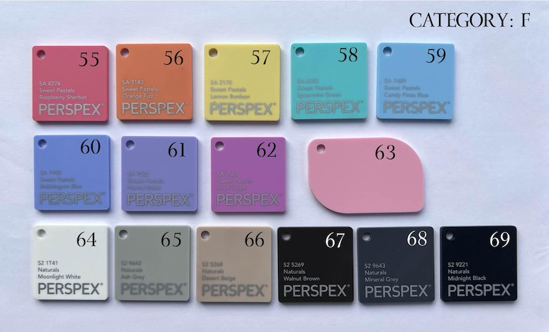 May include: A color chart of Perspex acrylic sheets. The chart shows 10 different colors, including pink, blue, yellow, green, and black. Each color is labeled with a number and a description. The chart is labeled "CATEGORY: F".