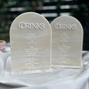 A6/A5 Arch Drinks Menu, Cream Beige Marble Acrylic Menu, UV printed, available in 3mm acrylic. Occasions. Personalised. Events. Charity Ball