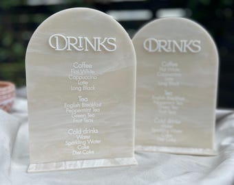 A6/A5 Arch Drinks Menu, Cream Beige Marble Acrylic Menu, UV printed, available in 3mm acrylic. Occasions. Personalised. Events. Charity Ball