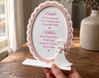Personalised Party Menu Sign, Rose Pink Scalloped Frame, Freestanding Decor