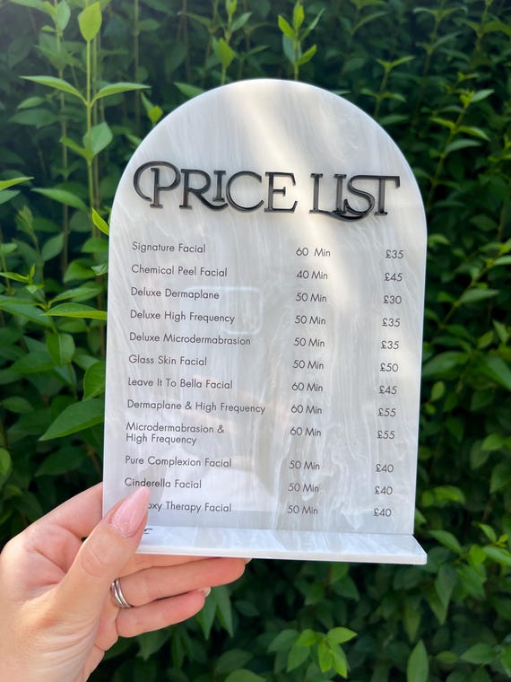 Salon Price List Sign: Cream Marble Acrylic Menu, UV Printed