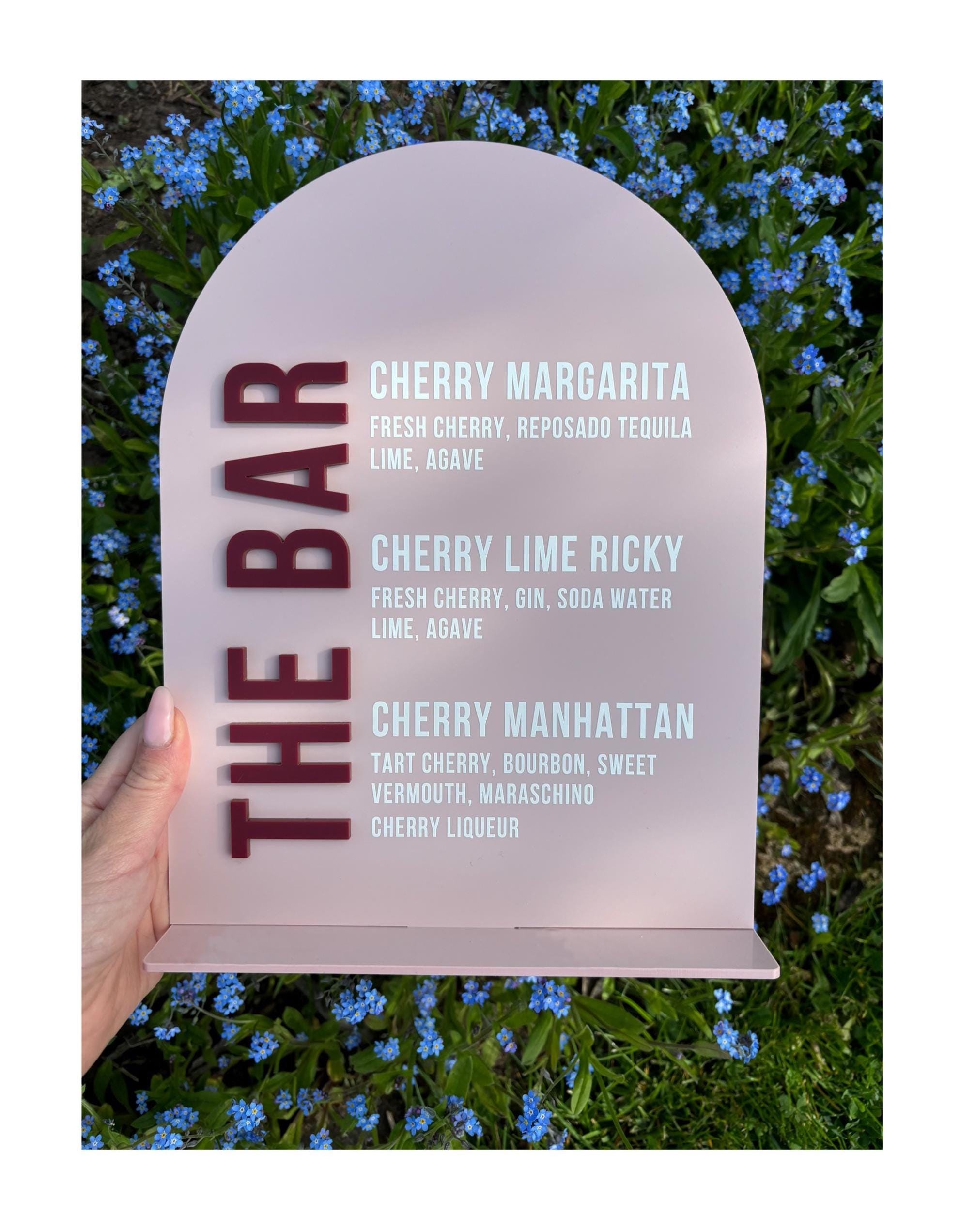 Party Drinks Menu, The Bar, Wedding Party Bar Drinks Menu, UV printed, available in 3mm acrylic. Occasions. Personalised. Events.