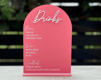 Personalized A5 Arch Acrylic Drinks Menu: UV Printed Wedding Bar Sign