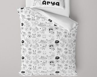 Cute Heroes Doodle Custom Bedding Set, Printed Bedding Set, Personalized Duvet Set For Boys and Girls, Pillowcase Set, Cotton Satin