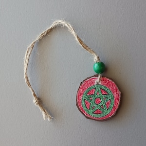 Handmade Rustic Wood Slice Pentacle Ornament: Yule Tree Car Charm