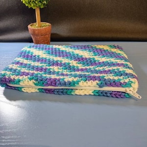 Crochet white blue and purple fidget toy zipper pouch bag