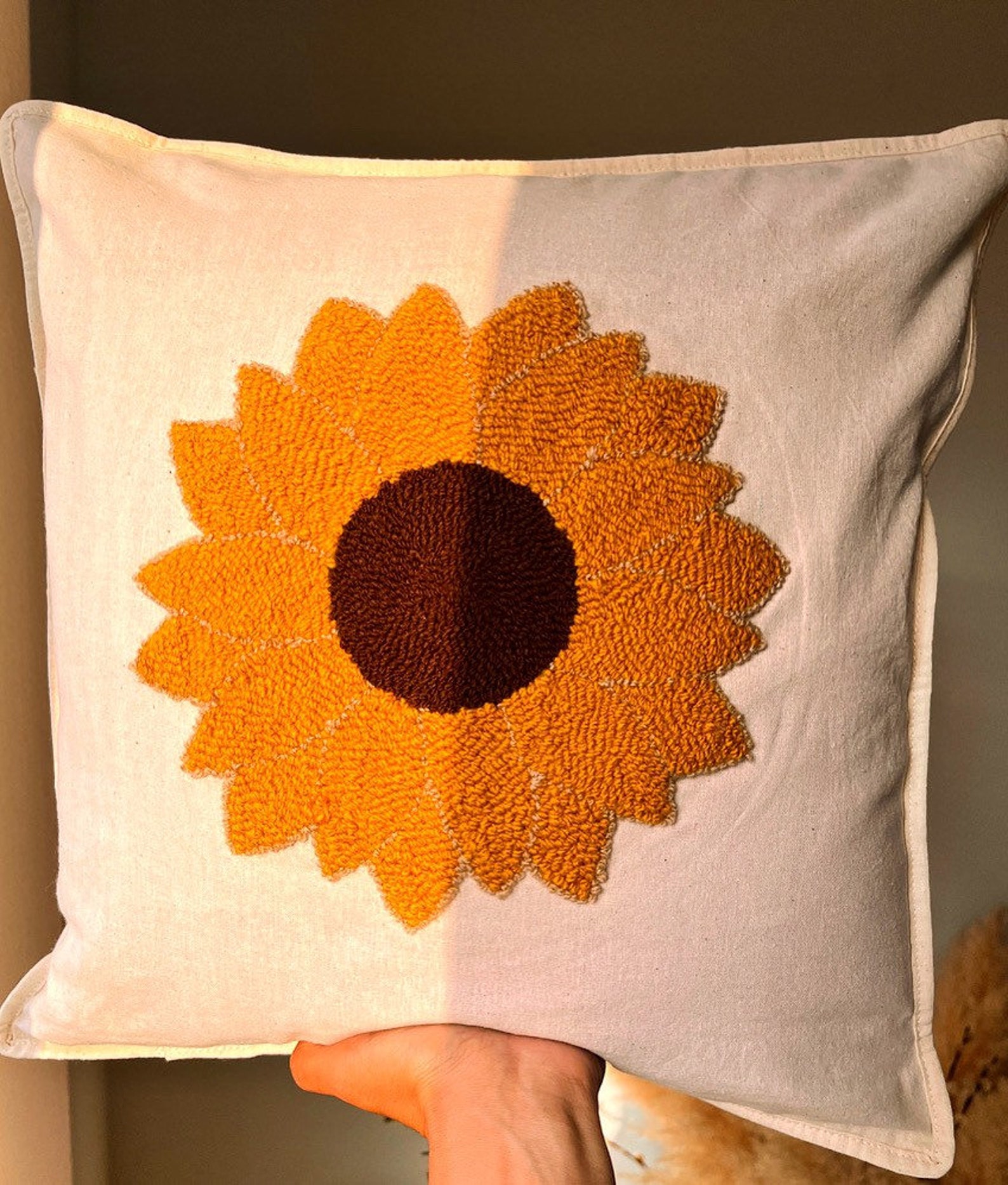 Punch Needle Pillow, Sunflower Punch Needle Pillow, Handmade Tufted