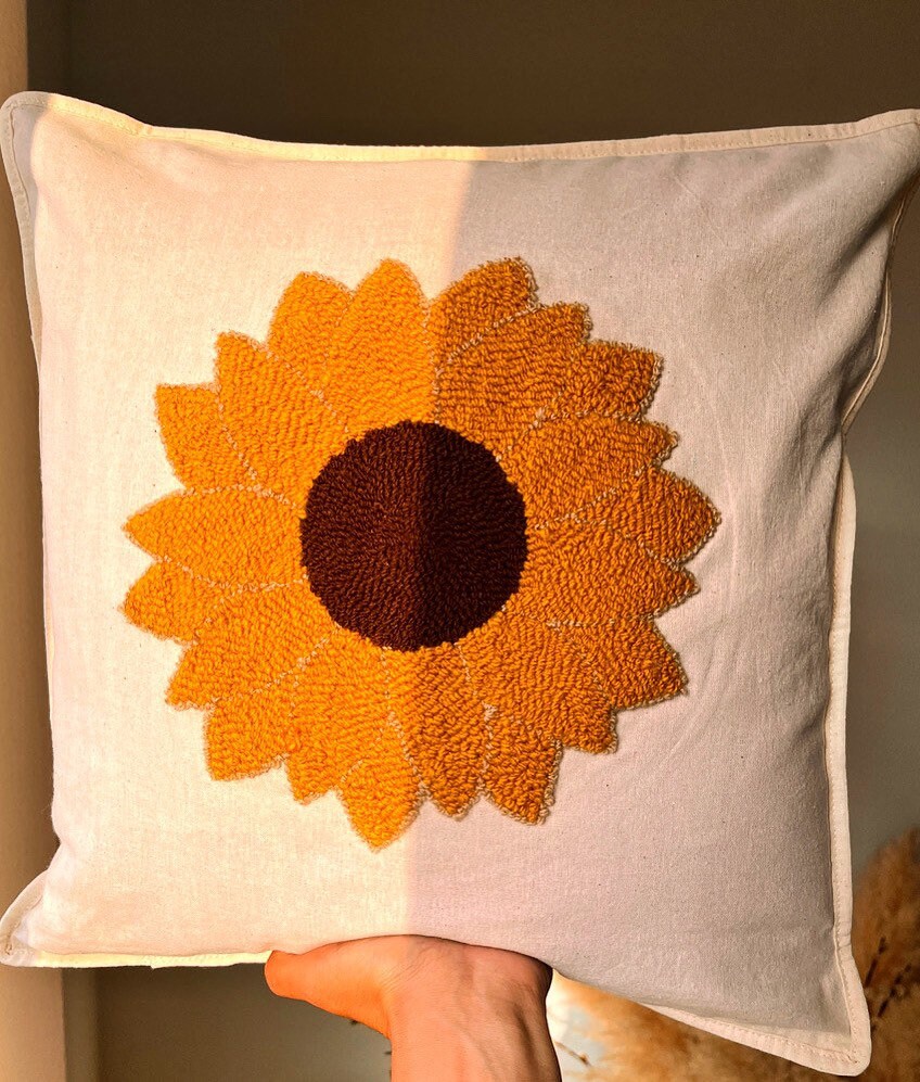 Punch Needle Pillow, Sunflower Punch Needle Pillow, Handmade Tufted