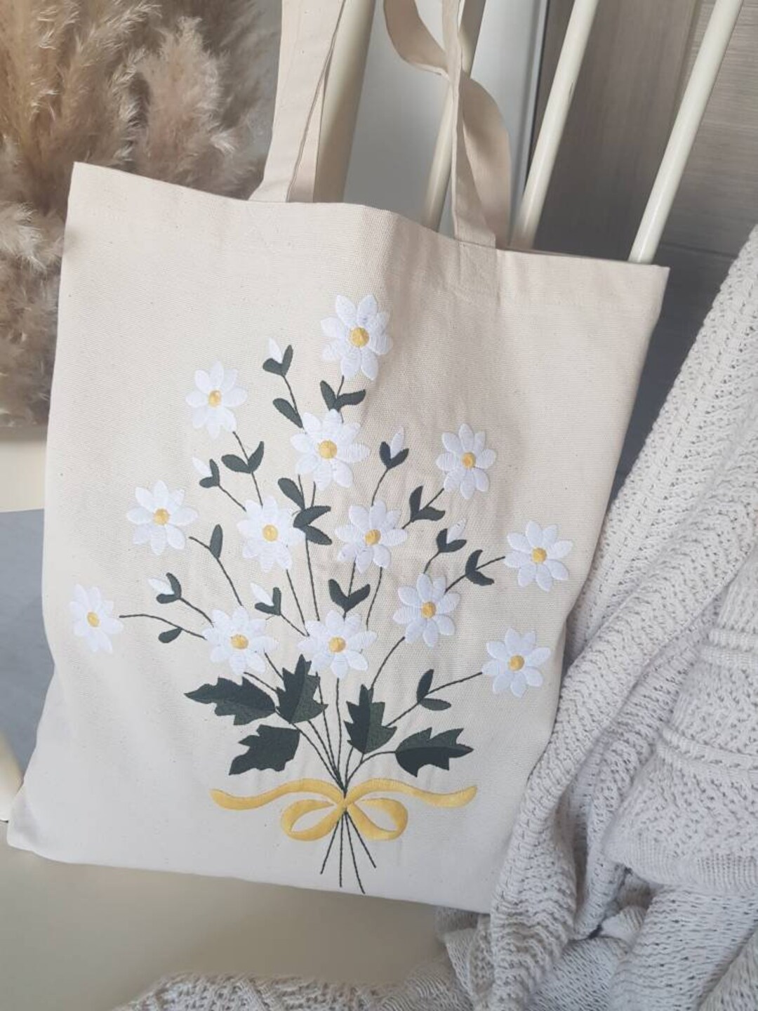 Daisy Embroidery Canvas Tote Bag , Floral Canvas Tote Bag