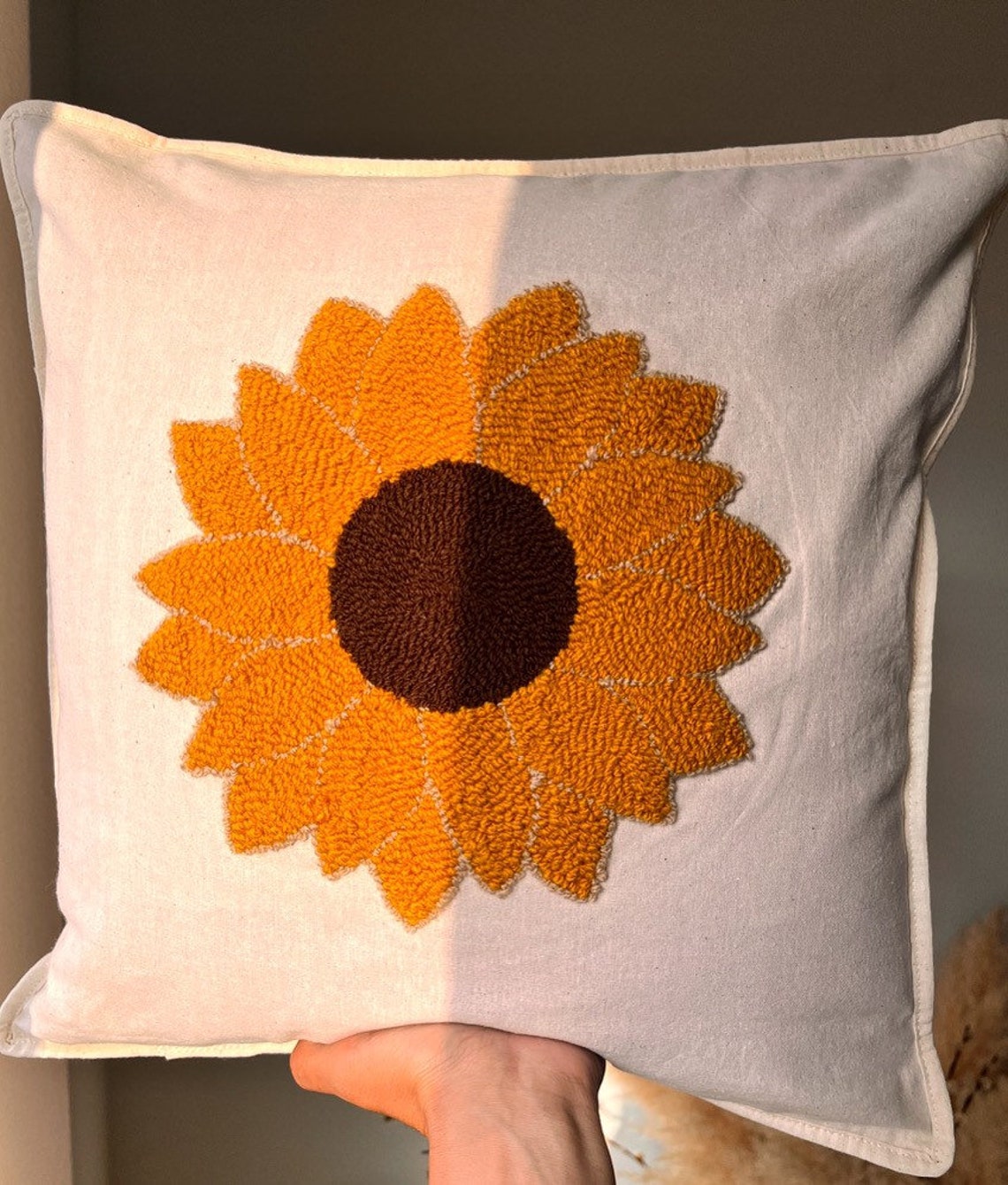 Punch Needle Pillow, Sunflower Punch Needle Pillow, Handmade Tufted