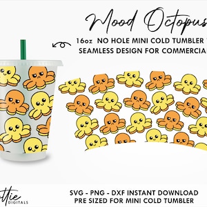 May include: A seamless pattern of yellow and orange cartoon octopuses with different facial expressions on a white background. The pattern is designed for a 16oz no-hole mini cold tumbler wrap. "Mood Octopus" and "16oz NO HOLE MINI COLD TUMBLER WRAP SEAMLESS DESIGN FOR COMMERCIAL USE" are written in black text at the top of the image.