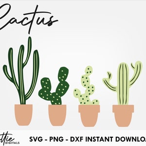 Paquete de elementos de cactus de 4 piezas SVG PNG DXF Planta Cactus Planta en maceta Archivo de corte en capas Descarga digital instantánea Circut Silhouette Craft