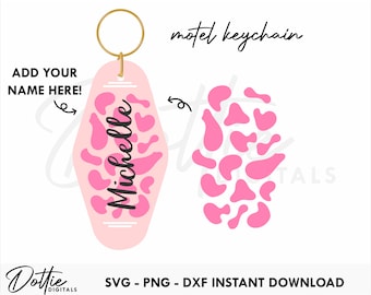 Cow Print Quote Motel Keychain SVG PNG DXF - Add Name Retro Hotel Keyring Template Design Svg, Cutting File Design - Sublimation Clip Art