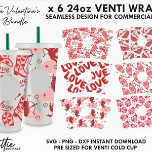 Valentine&#39;s Day Sbux Cold Cup Bundle SVG PNG DXF No Gap Romantic Full Wrap Cutting File 24oz Venti Cup Digital Downloads Set Pack