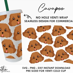 Puede incluir: Una descarga digital de un patrón sin costuras que presenta la cara de un perro Cavapoo de dibujos animados. El patrón está diseñado para ser utilizado como una envoltura para un vaso frío de 24 oz. El texto "Cavapoo" y "NO HOLE VENTI WRAP" está incluido en la imagen. El texto "SEAMLESS DESIGN FOR COMMERCIAL USE" también está incluido en la imagen. El texto "SVG-PNG-DXF INSTANT DOWNLOAD" está incluido en la imagen. El texto "PRE SIZED FOR VENTI COLD CUP" está incluido en la imagen.