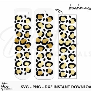 Puede incluir: Tres diseños de marcapáginas con un patrón de estampado de leopardo dorado y negro. Los marcapáginas son rectangulares y tienen esquinas redondeadas.