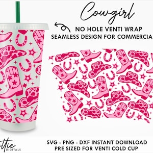 Cowgirls Sbux Cold Cup No Hole SVG PNG Dxf No Gap Cowboys Wild West Rodeo Western Full Wrap Cutting File 24oz Venti Cup