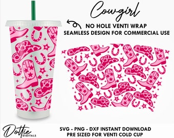 Cowgirls Sbux Cold Cup No Hole SVG PNG Dxf No Gap Cowboys Wild West Rodeo Western Full Wrap Cutting File 24oz Venti Cup