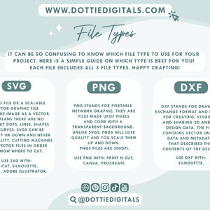 May include: Informative graphic explaining file types: SVG, PNG, and DXF. The text explains each file type's use, including scaling, pixel usage, and compatible software like Cricut, Silhouette, and Canva. The design features a light blue and white color scheme.