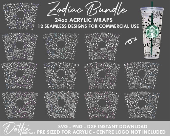 ZODIAC SVG BUNDLE Starbucks Double Wall Acrylic Tumbler Png Dxf Star Sign Symbol 24oz Venti Cup Digital Download Snow Globe Confetti Cup