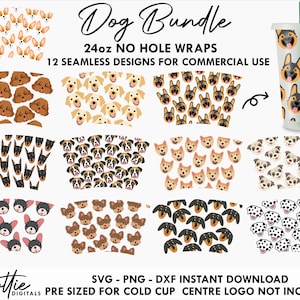 DOG SVG BUNDLE Sbux Cold Cup No Hole Svg Png Dxf No Gap Dog Breed Puppy Full Wrap Cutting File 24oz Venti Cup