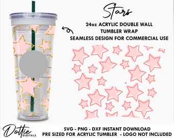 Vaso acrílico de doble pared Stars Sbux SVG PNG DXF Starry Star 24oz Venti Cup Snow Globe Confetti Cup Files