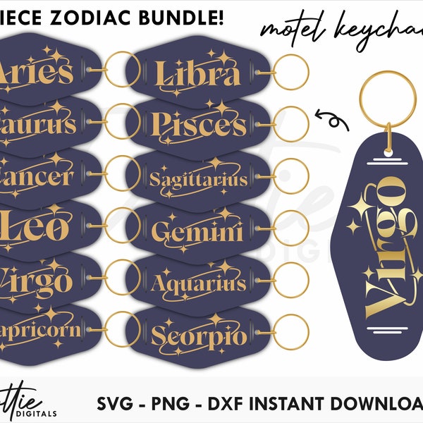 ZODIAC Motel Keychain BUNDLE Svg Files  - Star Signs Retro Hotel Keyring Quote Stickers Mug  Png Dxf Astrology Cutting File Sublimation