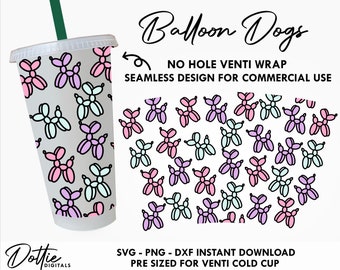 Balloon Dogs Sbux Cold Cup No Hole SVG PNG Dxf No Gap Stars Party Balloons Art Dogs Full Wrap Cutting File 24oz Venti Cup