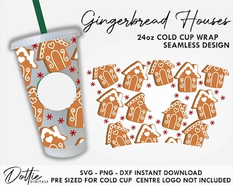 Ginger Bread Sbux Cold Cup SVG PNG DXF Gingerbread House Christmas Cutting File 24oz Venti Cup Instant Digital Download Festive Holiday