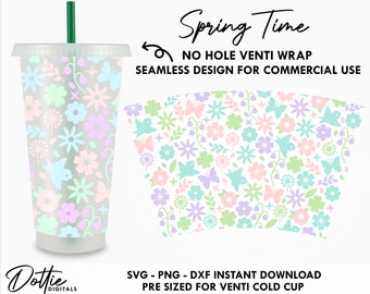 Spring Time Flowers Sbux Cold Cup No Hole SVG PNG Dxf No Gap Floral Full Wrap Cutting File 24oz Venti Cup
