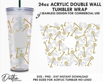 Flying Keys Sbux Vaso acrílico de doble pared SVG PNG Dxf Magical Old Fashioned Keys Cut File 24oz Venti Cup Descarga digital Snow Globe Cup