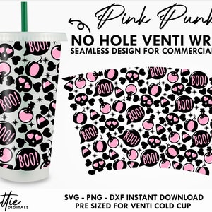 May include: A printable design for a reusable cold cup featuring a pink and black Halloween themed pattern with skulls, hearts, potion bottles, and the word "BOO!" repeated throughout.