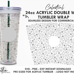 Celestial Sbux 24oz Acryl Tumbler SVG PNG DXF - Night Sky Moon Stars Sparkles Double Wall 24oz Venti Cup - Snow Globe Confetti Cup
