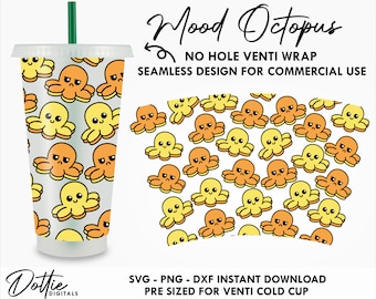 Mood Octopus 24oz Cold Cup No Hole SVG PNG Dxf No Gap Reversible Emotions Octopus Full Wrap Cutting File 24oz Venti Cup Expressions