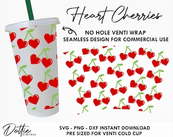 Heart Cherries Cold Cup No Hole SVG PNG DXF - No Gap Sbux Valentines Love Cherry Full Wrap Cutting File 24oz Venti Cup